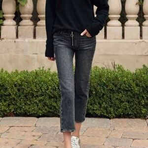 PAIGE Noella High Rise Black Distressed Jeans Exposed Zipper StraightLeg Raw Hem